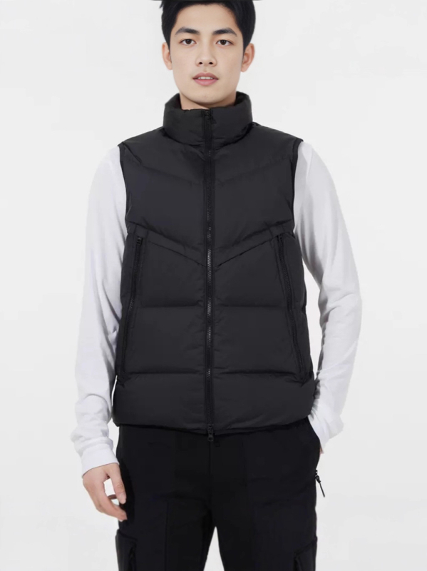 Férfi nylonból készült down-pamut töltésű mellény koreai stílusban, derékig érő, cipzáras zsebek
