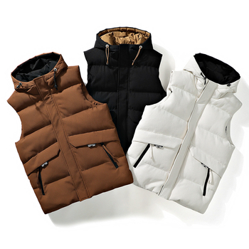 Pánska kapucňová bavlnená vesta, kórejský štýl, voľný strih, stojací golier, zips, zimná polyesterová tkanina