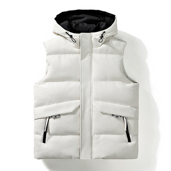Pánska kapucňová bavlnená vesta, kórejský štýl, voľný strih, stojací golier, zips, zimná polyesterová tkanina