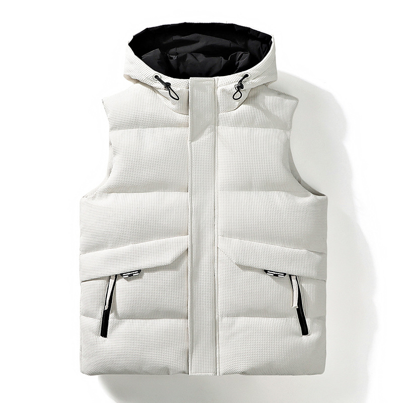 Pánska kapucňová bavlnená vesta, kórejský štýl, voľný strih, stojací golier, zips, zimná polyesterová tkanina