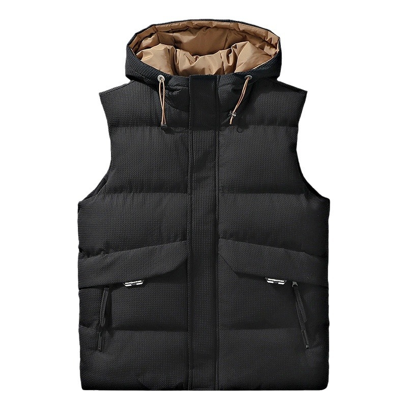 Pánska kapucňová bavlnená vesta, kórejský štýl, voľný strih, stojací golier, zips, zimná polyesterová tkanina