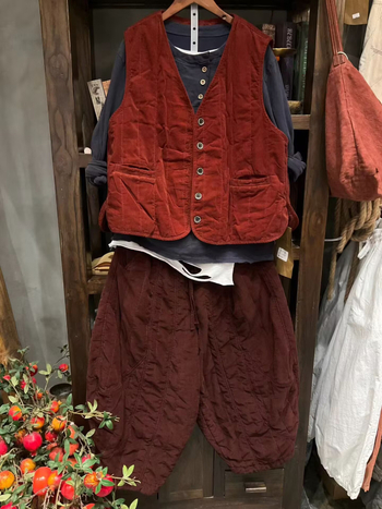 Corduroy mellény, 80-90% pamut, V-nyakú, lazán szabott, hossz 50-65 cm, retro stílus