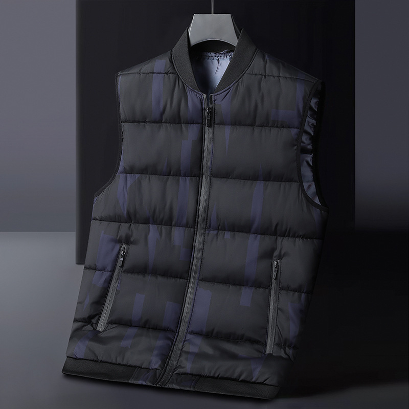 Férfi nylonszövettel készült mellény poliészter töltettel és bélésével, kapucni nélkül, alsó szegély bordázott