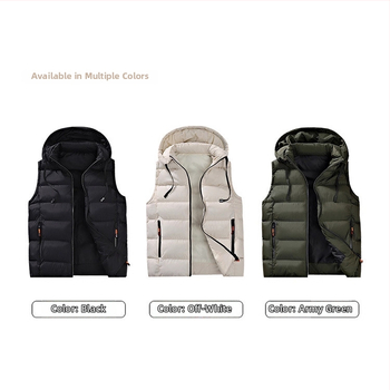 Pánska zimná vesta s kapucňou, voľný strih, hlavný materiál polyester, podšívka polyester, zips zapínanie, bočné vrecká