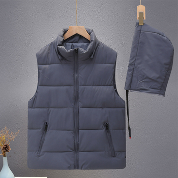 Férfi kapucnis poliészter mellény, vastag meleg téli viselet, bő szabású, álló gallér, cipzár elöl, 100% poliészter