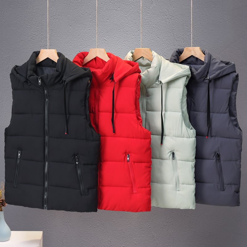 Férfi kapucnis poliészter mellény, vastag meleg téli viselet, bő szabású, álló gallér, cipzár elöl, 100% poliészter