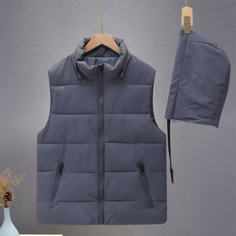 Férfi kapucnis poliészter mellény, vastag meleg téli viselet, bő szabású, álló gallér, cipzár elöl, 100% poliészter