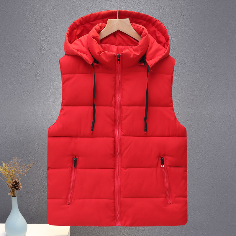 Férfi kapucnis poliészter mellény, vastag meleg téli viselet, bő szabású, álló gallér, cipzár elöl, 100% poliészter