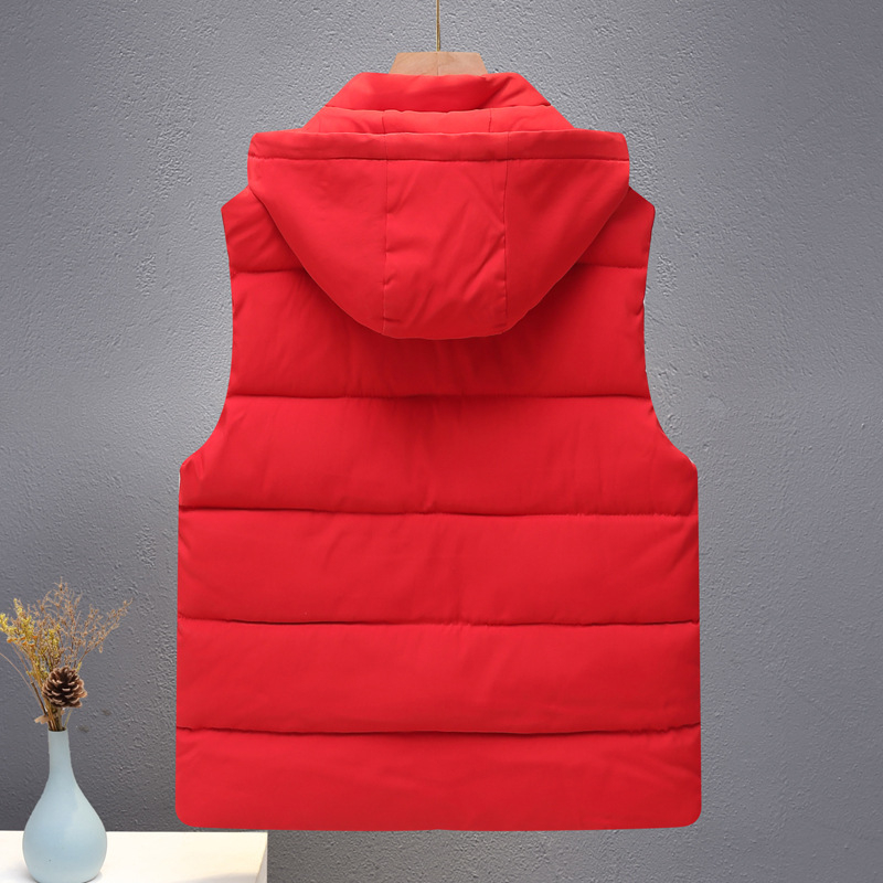 Férfi kapucnis poliészter mellény, vastag meleg téli viselet, bő szabású, álló gallér, cipzár elöl, 100% poliészter