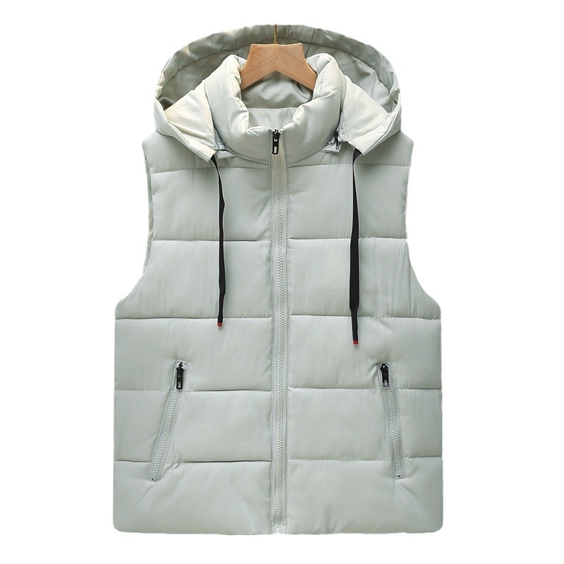 Férfi kapucnis poliészter mellény, vastag meleg téli viselet, bő szabású, álló gallér, cipzár elöl, 100% poliészter