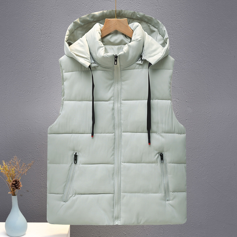 Férfi kapucnis poliészter mellény, vastag meleg téli viselet, bő szabású, álló gallér, cipzár elöl, 100% poliészter