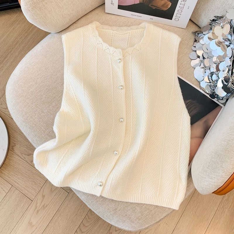 Πλεκτό γιλέκο χωρίς μανίκια, κομψός αστικός στυλ, κοντό μήκος (40–50 εκ.), ύφασμα βισκόζη ≥95%, στρογγυλός λαιμός