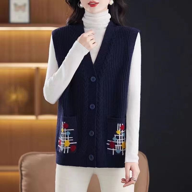 Ženski pleteni kardigan-vest srednje duljine, V-izrez, 3D uzorak, akrilna smjesa 30–50%, široki kroj