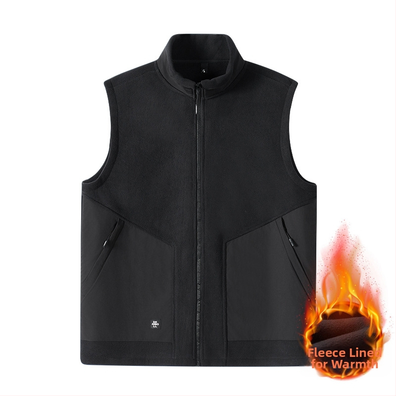 Pánske fleece vesta so stojatým golierom a zipsom, polar fleece materiál, podšívka z polyestera, zimný model, plus veľkosť, viaceré vrecká.