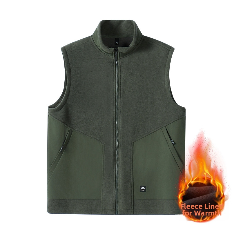 Pánske fleece vesta so stojatým golierom a zipsom, polar fleece materiál, podšívka z polyestera, zimný model, plus veľkosť, viaceré vrecká.