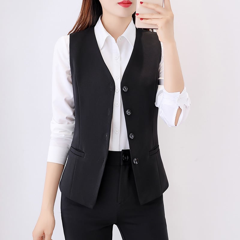 Slim karcsú fazonú V-nyakú mellény irodai viselet, poliészter, koreai stílus