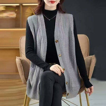 Vesta tricotată pentru femei cu decolteu în V, croială lejeră, nasturi frontali în linie, stil casual japonez/coreean, primăvara 2025