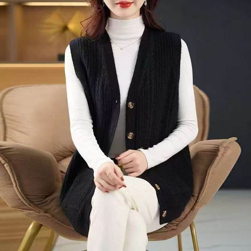 Vesta tricotată pentru femei cu decolteu în V, croială lejeră, nasturi frontali în linie, stil casual japonez/coreean, primăvara 2025