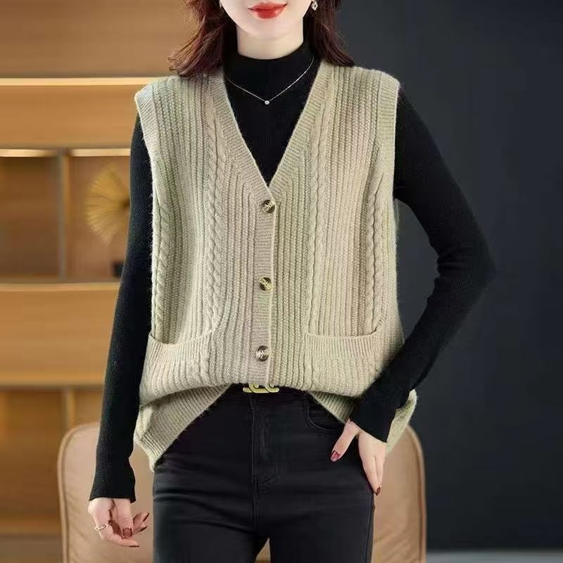 Vesta tricotată pentru femei cu decolteu în V, croială lejeră, nasturi frontali în linie, stil casual japonez/coreean, primăvara 2025