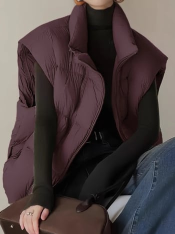 Vestă pentru femei cu fermoar, guler semiînălțat, umplutură din bumbac, croială lejeră