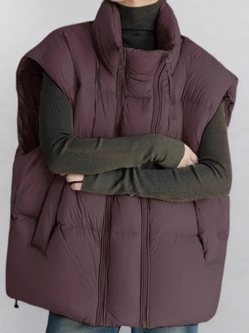 Vestă pentru femei cu fermoar, guler semiînălțat, umplutură din bumbac, croială lejeră