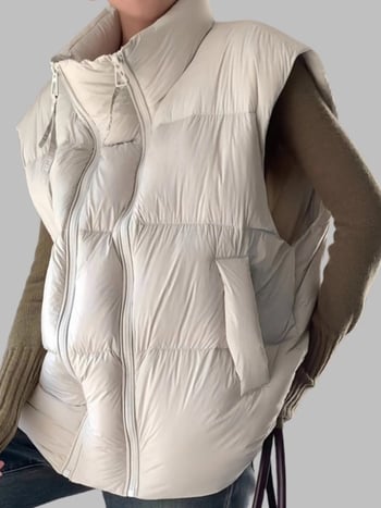 Vestă pentru femei cu fermoar, guler semiînălțat, umplutură din bumbac, croială lejeră