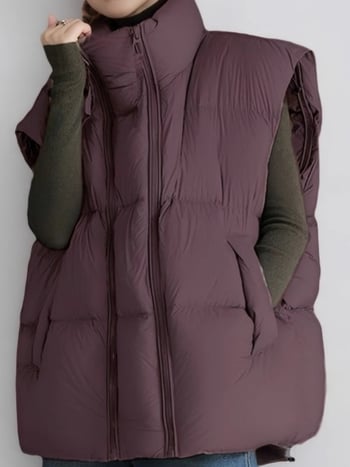 Vestă pentru femei cu fermoar, guler semiînălțat, umplutură din bumbac, croială lejeră