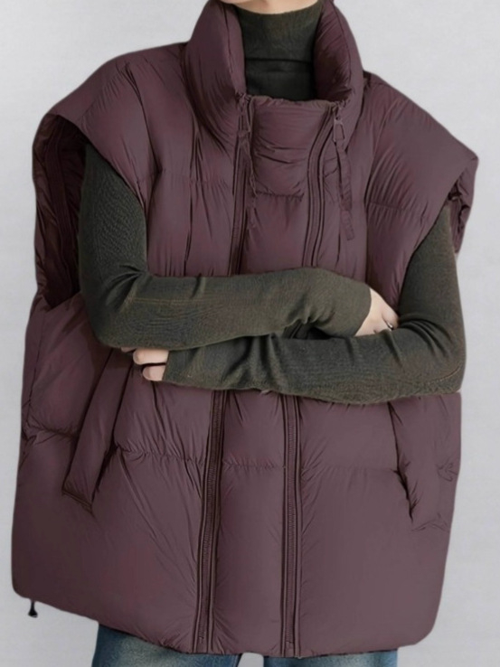 Vestă pentru femei cu fermoar, guler semiînălțat, umplutură din bumbac, croială lejeră