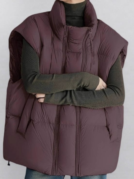 Vestă pentru femei cu fermoar, guler semiînălțat, umplutură din bumbac, croială lejeră