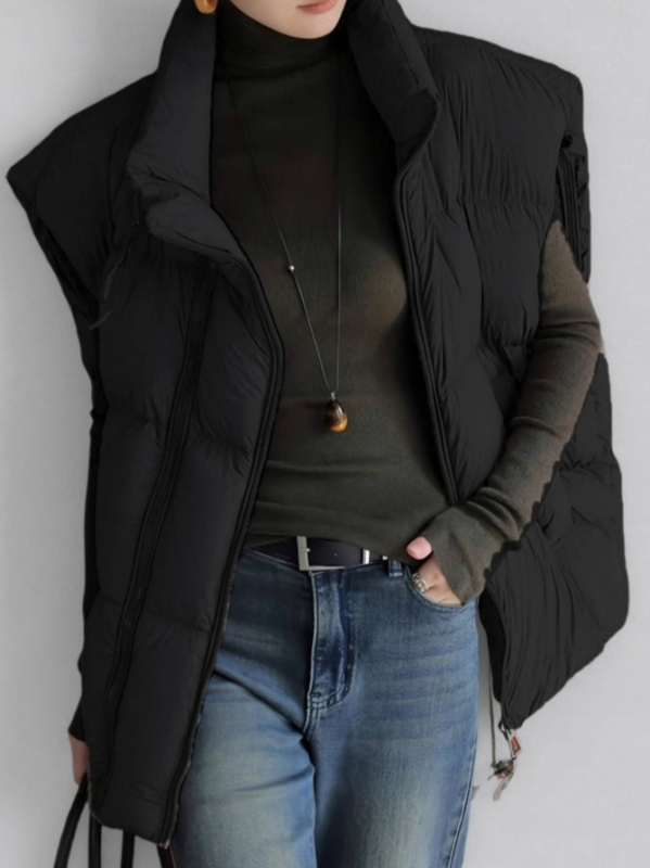 Vestă pentru femei cu fermoar, guler semiînălțat, umplutură din bumbac, croială lejeră