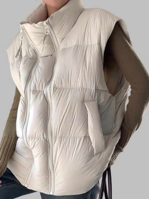 Vestă pentru femei cu fermoar, guler semiînălțat, umplutură din bumbac, croială lejeră
