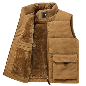 Muška corduroy vesta s fleece podstavom, stojeći ovratnik, zip zatvarač, zima, ležerno/poslovno, s višestrukim džepovima