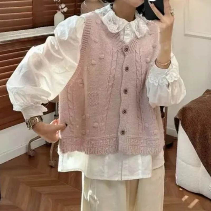 Top tricotat fără mâneci, guler rotund, croială lejeră, lungime normală, amestec acrilic-poliester