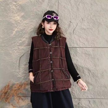 Ženska karirana pamučna vesta, kratka dužina, slobodan kroj, topla izolacija, gradski stil