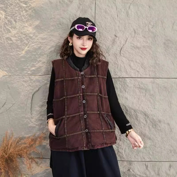 Ženska karirana pamučna vesta, kratka dužina, slobodan kroj, topla izolacija, gradski stil