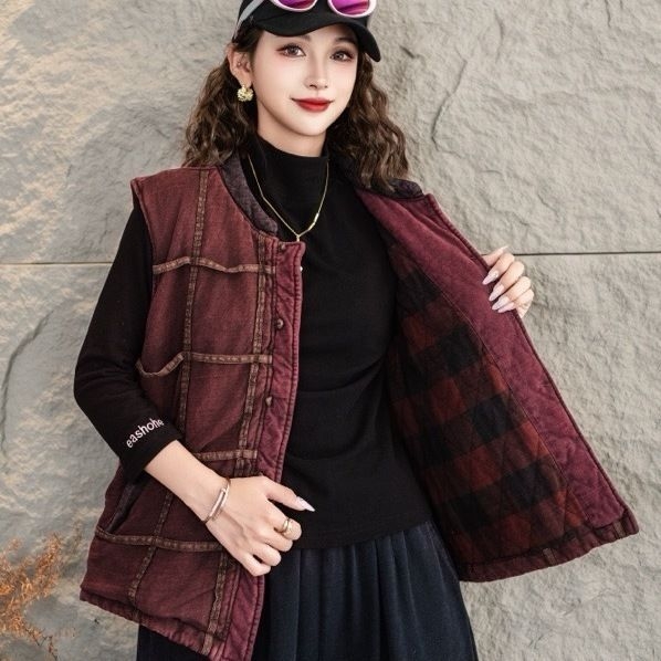 Ženska karirana pamučna vesta, kratka dužina, slobodan kroj, topla izolacija, gradski stil