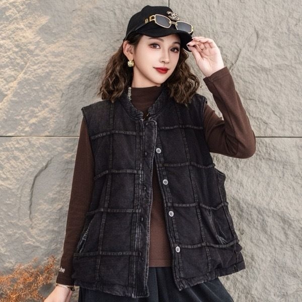Ženska karirana pamučna vesta, kratka dužina, slobodan kroj, topla izolacija, gradski stil