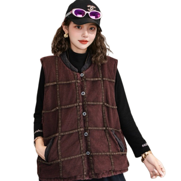 Ženska karirana pamučna vesta, kratka dužina, slobodan kroj, topla izolacija, gradski stil