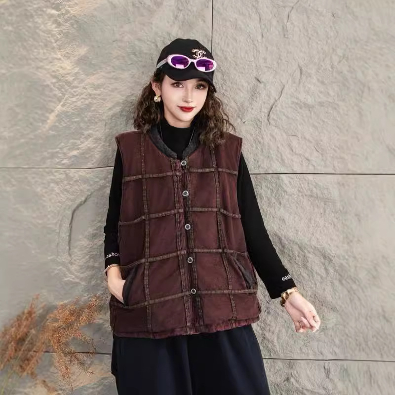 Ženska karirana pamučna vesta, kratka dužina, slobodan kroj, topla izolacija, gradski stil