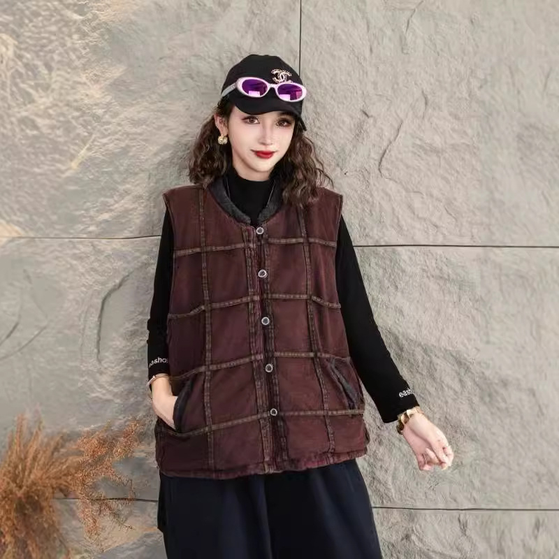 Ženska karirana pamučna vesta, kratka dužina, slobodan kroj, topla izolacija, gradski stil