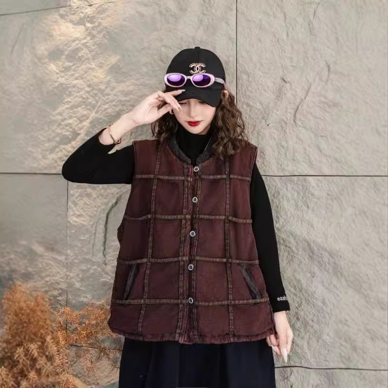 Ženska karirana pamučna vesta, kratka dužina, slobodan kroj, topla izolacija, gradski stil