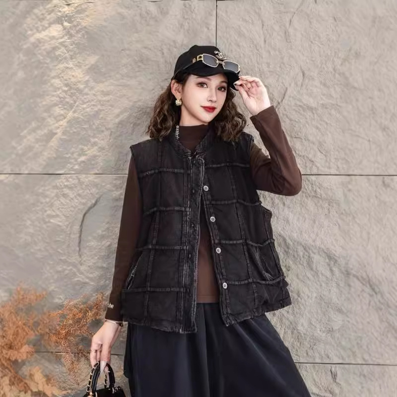 Ženska karirana pamučna vesta, kratka dužina, slobodan kroj, topla izolacija, gradski stil