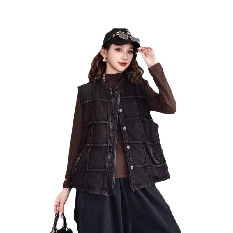 Ženska karirana pamučna vesta, kratka dužina, slobodan kroj, topla izolacija, gradski stil