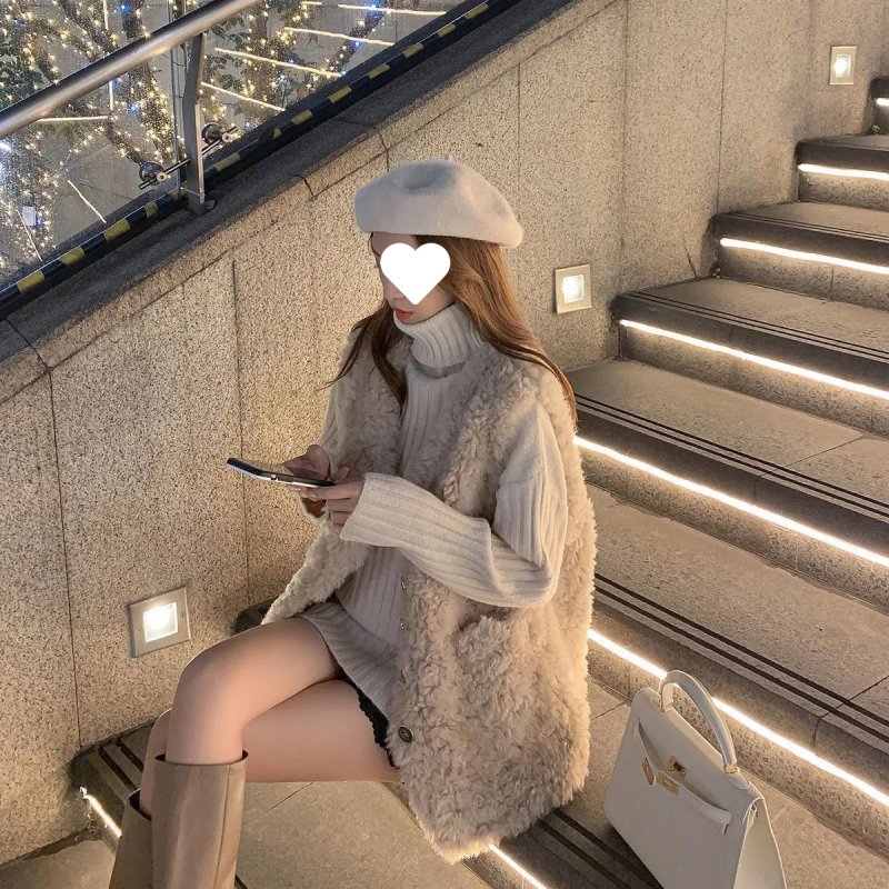 Női prémes mellény műszőrme, róka- és báránygyapjú, Chenille anyag, tavasz 2025, Spandex keverék, gallér: prémes