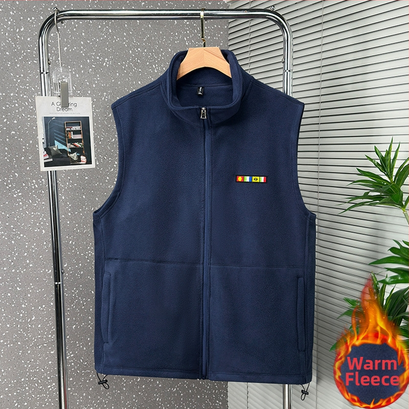 Pánska fleecová vesta bez rukávov so stojacim golierom, zipsové zapínanie, zipsové vrecká, bez kapucne, hrubý fleece
