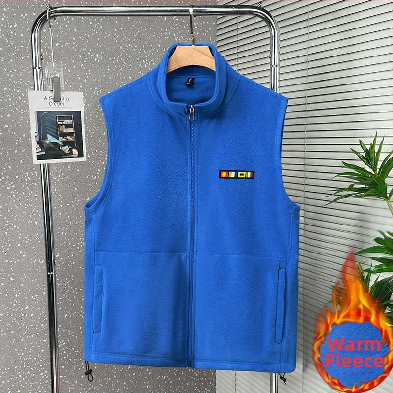 Pánska fleecová vesta bez rukávov so stojacim golierom, zipsové zapínanie, zipsové vrecká, bez kapucne, hrubý fleece