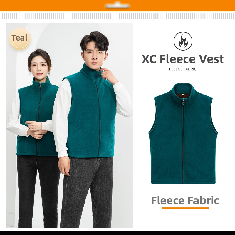 Vesta căptușită cu fleece, imprimare logo, pentru echipament de lucru de iarnă (fermoar frontal, fără glugă, croială lejeră)