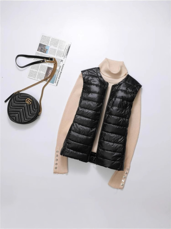 Női pehelyes mellény, 50% pehelytartalom, hossz 50–65 cm, cipzár