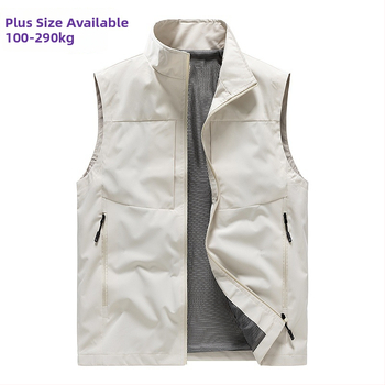 Pánska tenká pracovná vesta z polyestrového zmesi, so stojacim golierom, priedušná, bez rukávov, s vreckami na zips