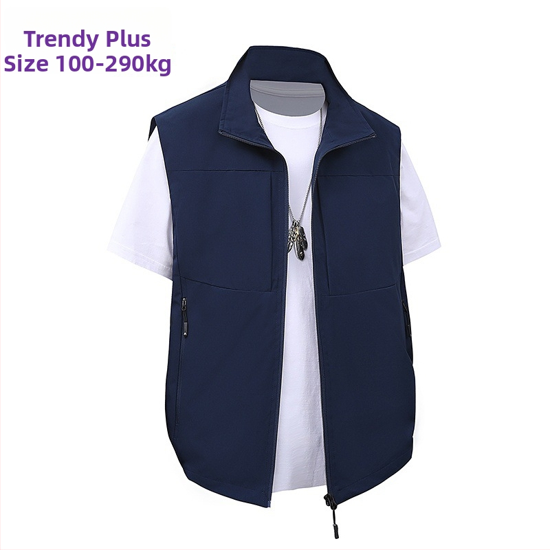 Pánska tenká pracovná vesta z polyestrového zmesi, so stojacim golierom, priedušná, bez rukávov, s vreckami na zips